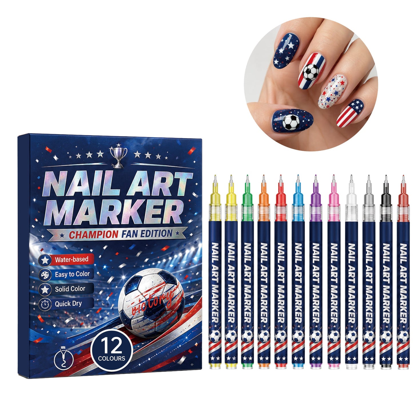 ✨12-Color Fan Themed Nail Art Markers⚽｜Quick Dry DIY Sports Cheer Nail Decor for Party & Game Day